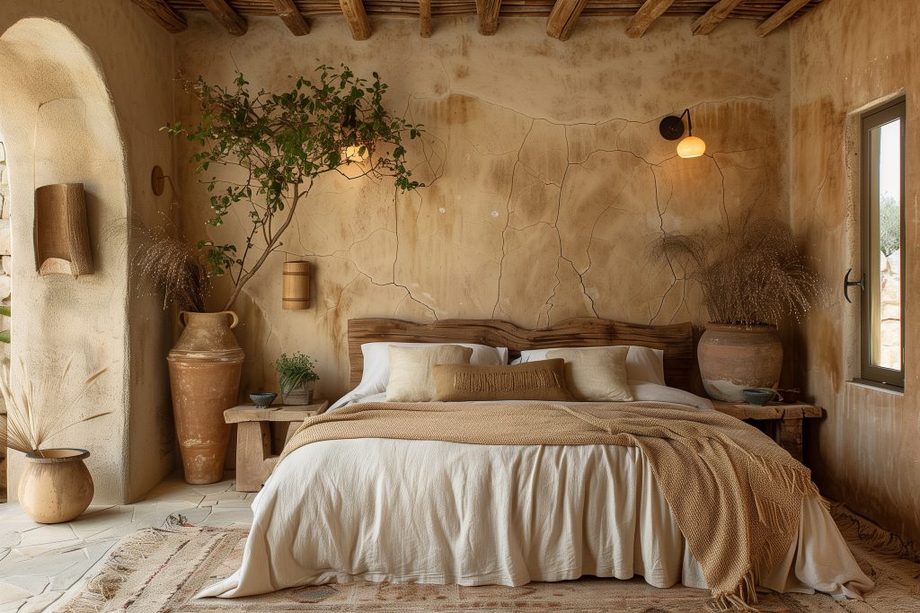 Traditional rustic beedroom in Wabi Sabi style decoration.