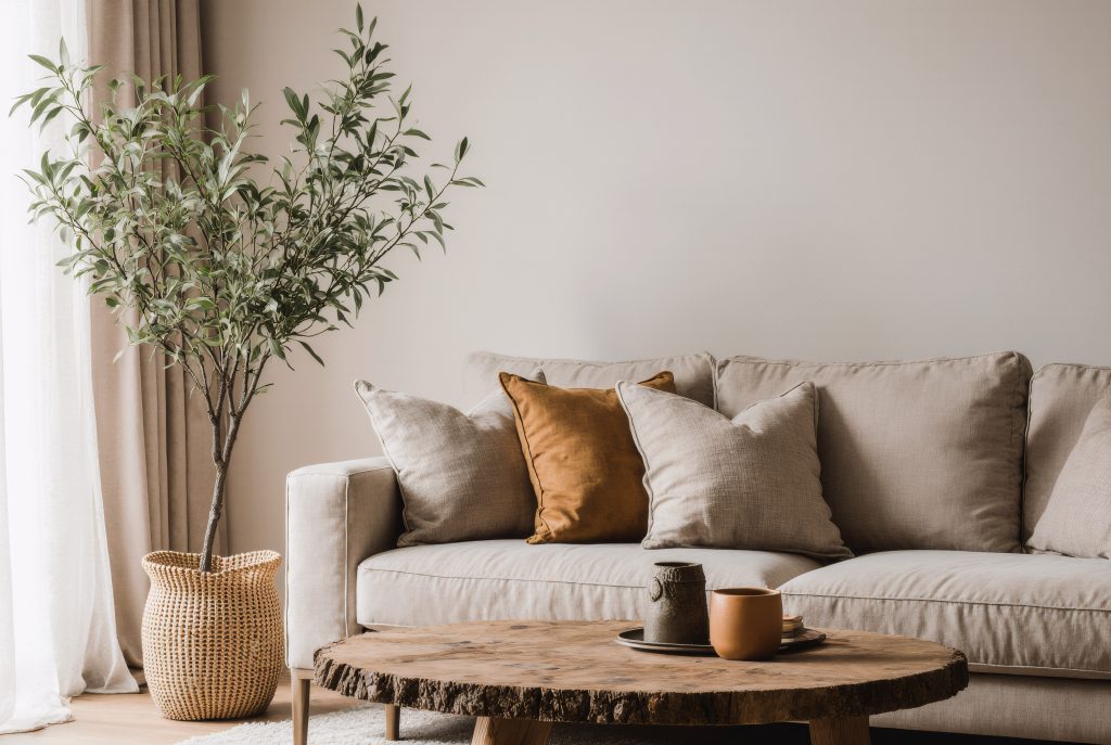 Autumn zen-inspired living room with olive tree decor, rustic wood textures, and warm natural light creating serene ambiance
