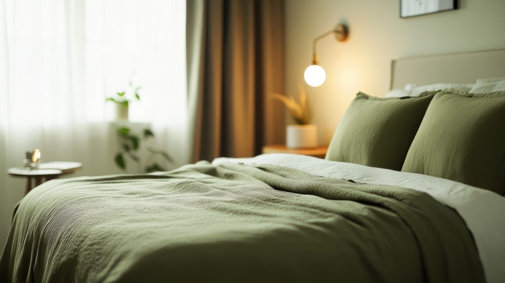 Cozy bed featuring olive green linens in a contemporary room setting